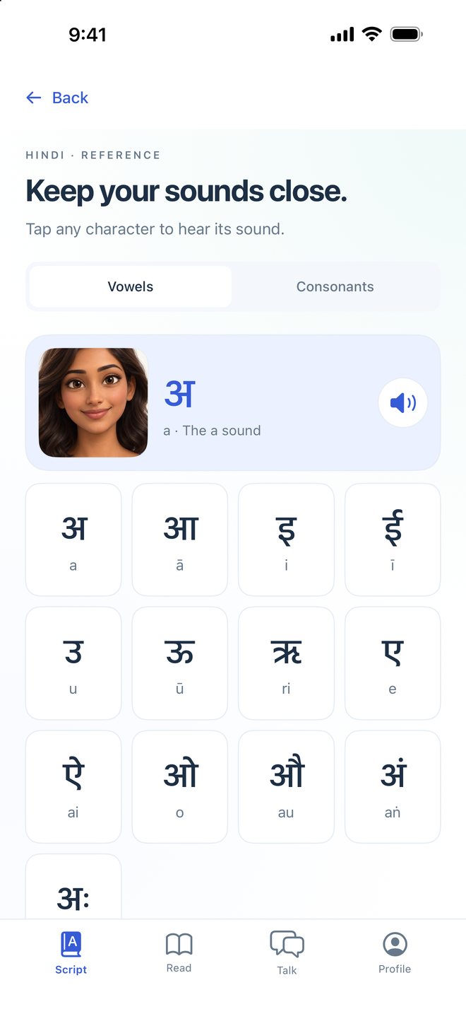 The character chart showing Hindi vowels, each with its romanisation.
